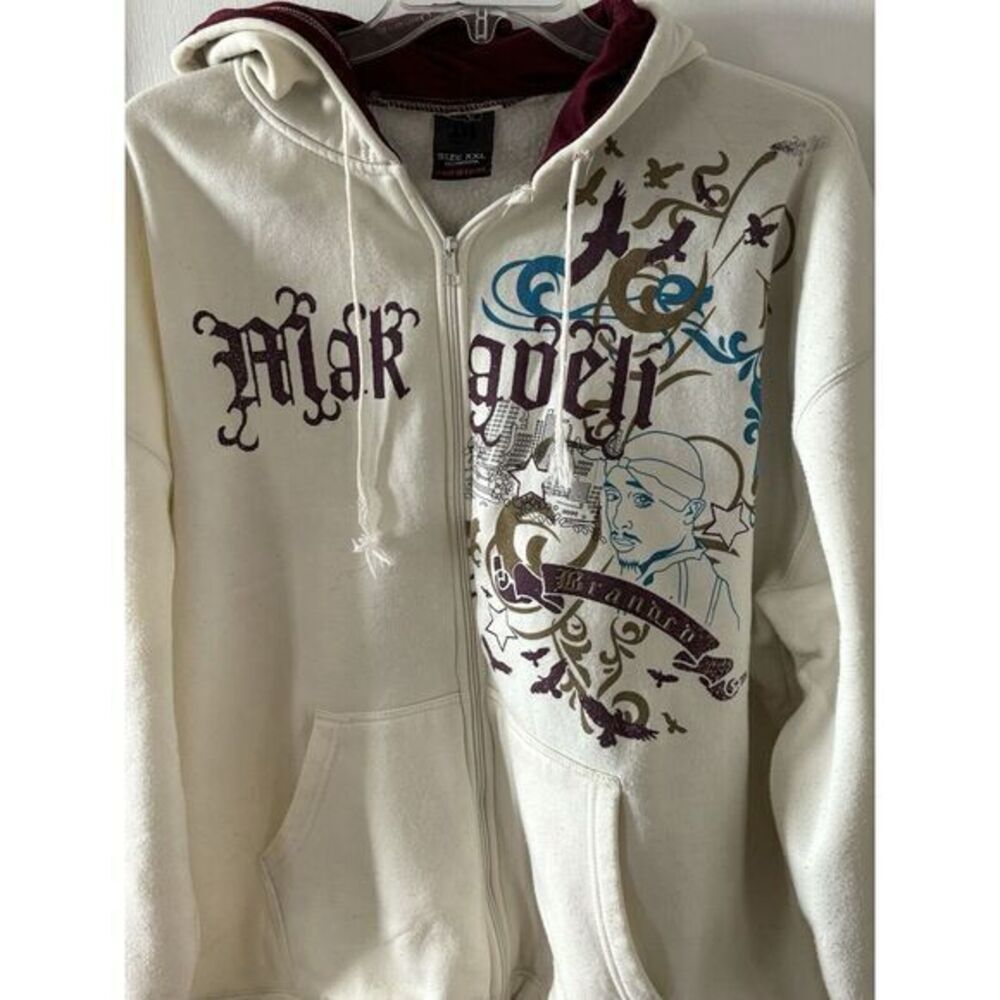 Makaveli Branded Tupac Shakur Zip Up Hoodie Mens XXL Cream Fleece Y2K Streetwear